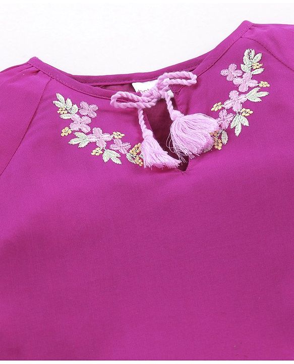 Babyhug Full Sleeves Solid Rayon Top With Draw-String And Embroidery Detailing- Purple