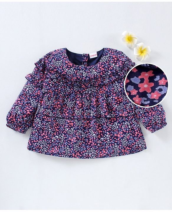 Babyhug Full Sleeves Rayon Top With Floral Print And Frill Detailing- Navy Blue