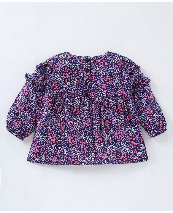 Babyhug Full Sleeves Rayon Top With Floral Print And Frill Detailing- Navy Blue
