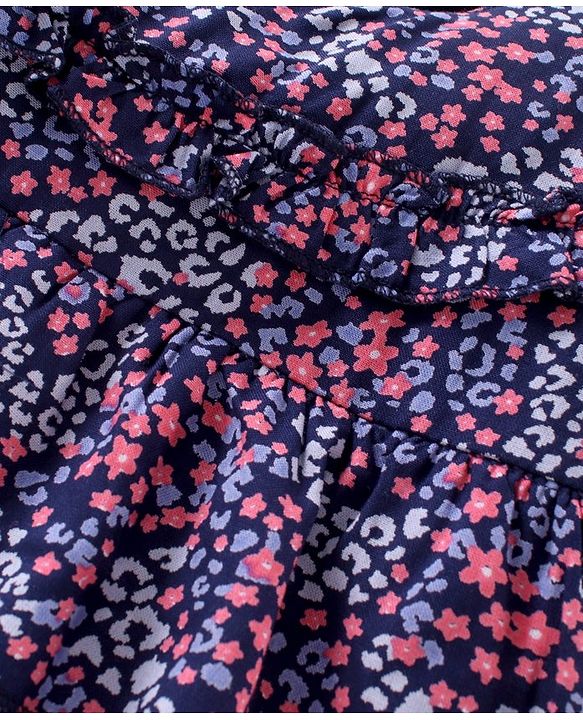 Babyhug Full Sleeves Rayon Top With Floral Print And Frill Detailing- Navy Blue