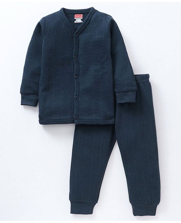 Babyhug Full Sleeves Solid Color Thermal Innerwear Set - Dark Navy
