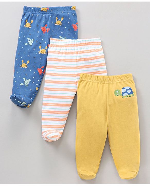 Babyhug Cotton Knit Footed Bootie Leggings Striped & Crabs Printed Pack of 3 - Multicolor