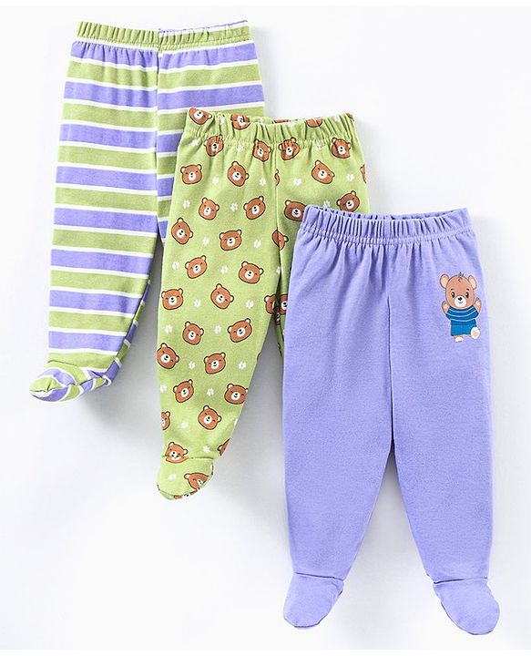 Babyhug Cotton Knit Footed Length Striped Bootie Leggings Teddy Bear Print Pack of 3 - Purple Green