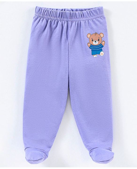 Babyhug Cotton Knit Footed Length Striped Bootie Leggings Teddy Bear Print Pack of 3 - Purple Green