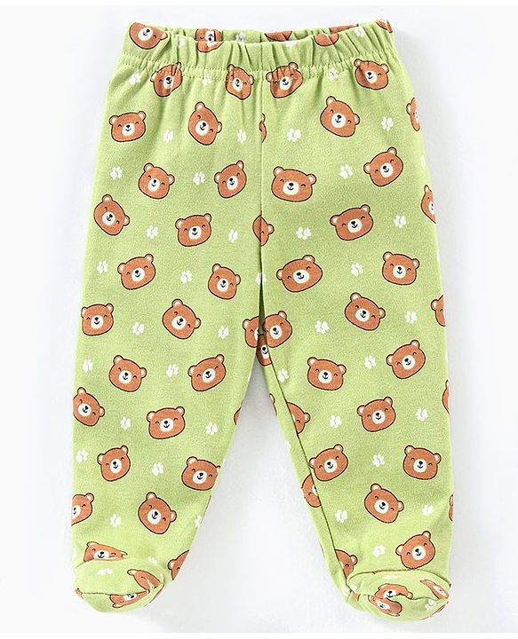 Babyhug Cotton Knit Footed Length Striped Bootie Leggings Teddy Bear Print Pack of 3 - Purple Green