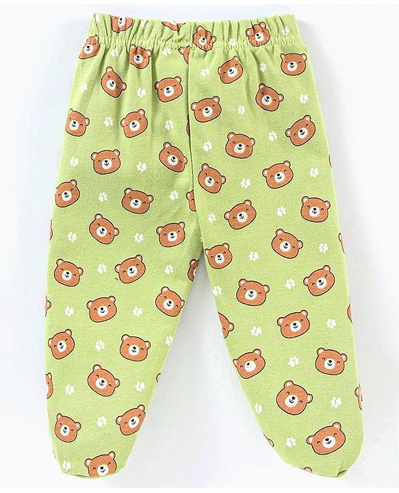 Babyhug Cotton Knit Footed Length Striped Bootie Leggings Teddy Bear Print Pack of 3 - Purple Green
