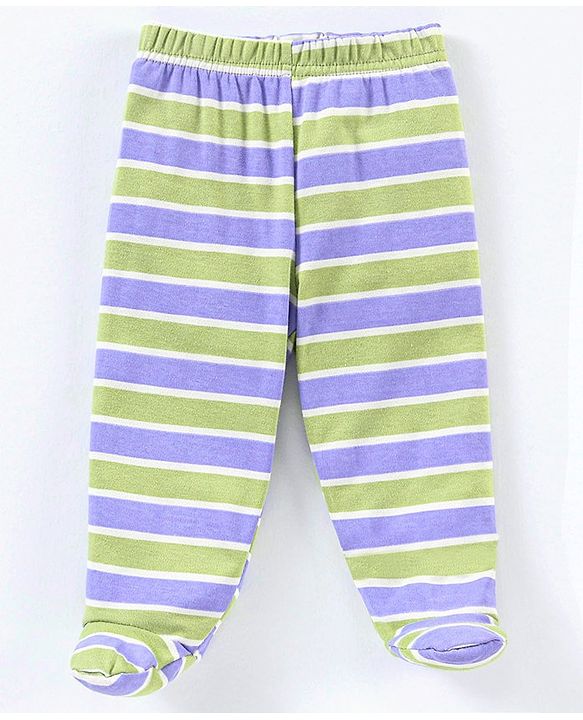 Babyhug Cotton Knit Footed Length Striped Bootie Leggings Teddy Bear Print Pack of 3 - Purple Green
