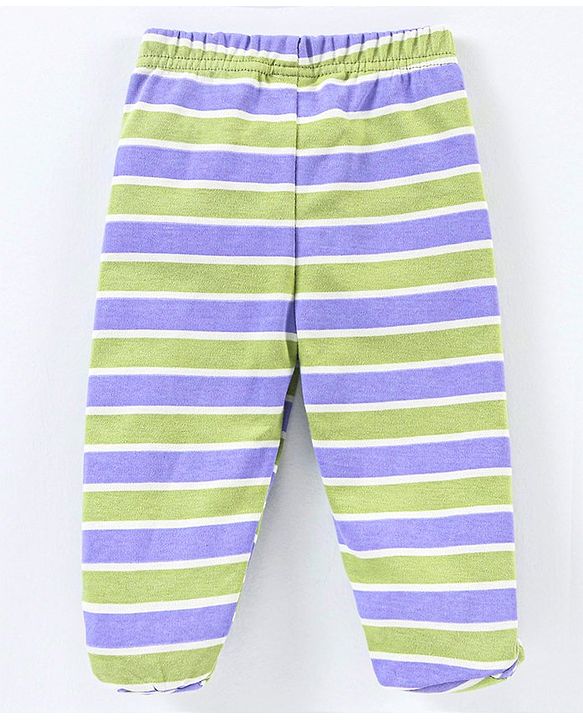 Babyhug Cotton Knit Footed Length Striped Bootie Leggings Teddy Bear Print Pack of 3 - Purple Green