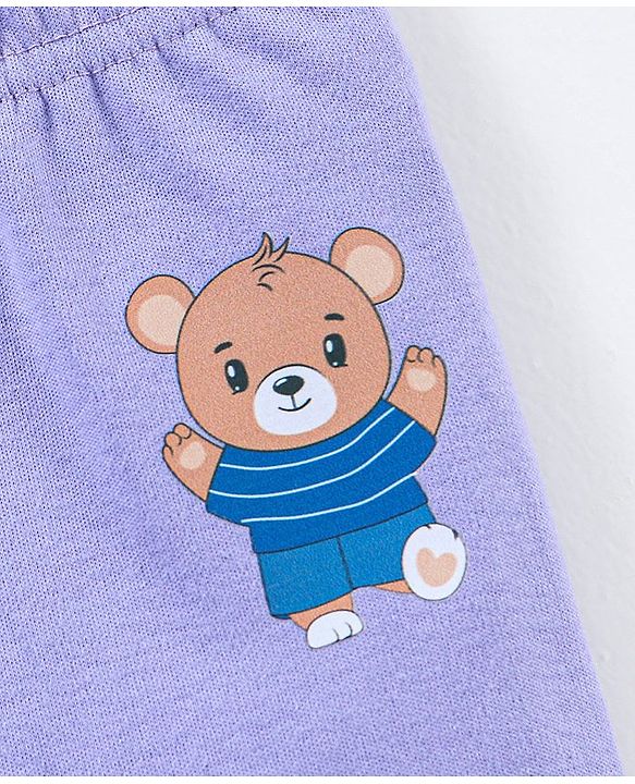 Babyhug Cotton Knit Footed Length Striped Bootie Leggings Teddy Bear Print Pack of 3 - Purple Green