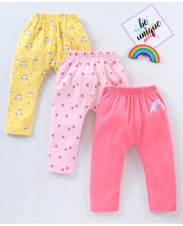 Babyhug Full Length Diaper Leggings Star & Kitty Print Pack of 3  - Yellow Light & Dark Pink
