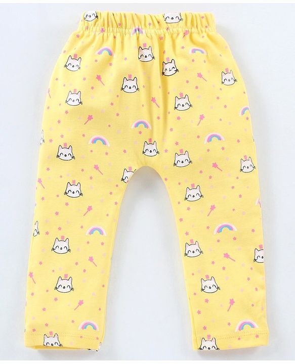 Babyhug Full Length Diaper Leggings Star & Kitty Print Pack of 3  - Yellow Light & Dark Pink