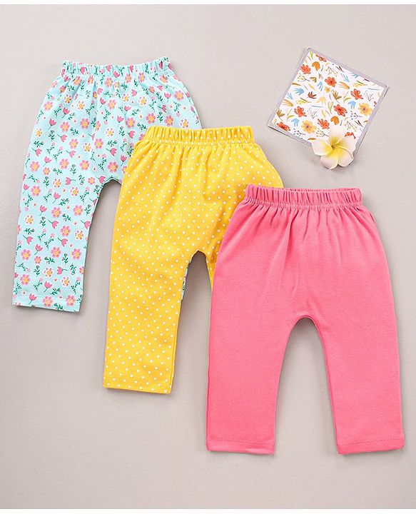 Babyhug Cotton Knit Full Length  Diaper Leggings Solid and Floral Printed Pack of 3 - Pink Yellow White