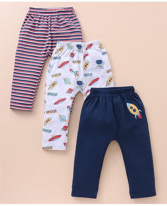 Babyhug Cotton Full Length Striped Diaper Pants Space Print Pack of 3 - Multicolor