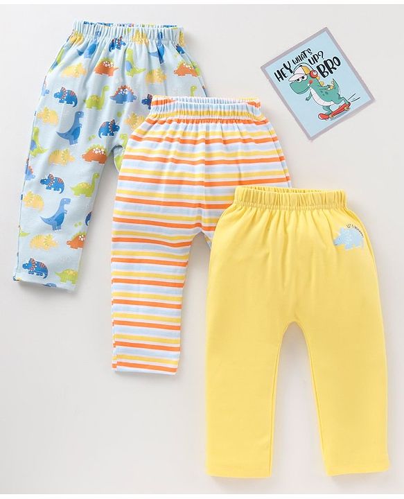 Babyhug Full Length Diaper Leggings Stripes & Dino Print Pack Of 3 - Multicolor