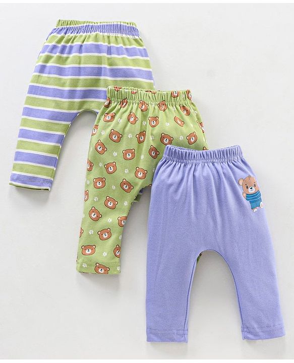 Babyhug Full Length Cotton Diaper Leggings Striped and Bear Print Pack of 3 - Multicolour