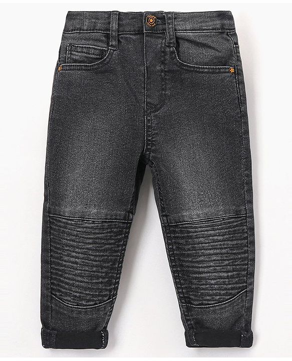 Babyhug Cotton Full Length Stretchable Washed  Denim Jeans With Mock Fly  - Black