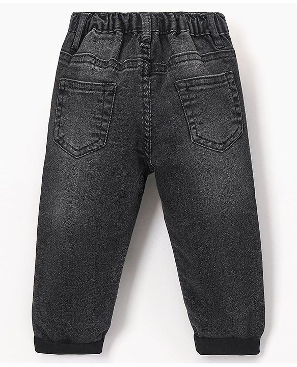 Babyhug Cotton Full Length Stretchable Washed  Denim Jeans  Fly With Zipper -  Black