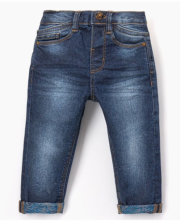 Babyhug Cotton Full Length Stretchable Washed  Denim Jeans With Mock Fly  - Blue