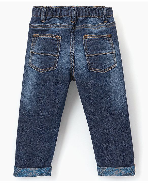 Babyhug Cotton Full Length Stretchable Washed  Denim Jeans With Mock Fly  - Blue