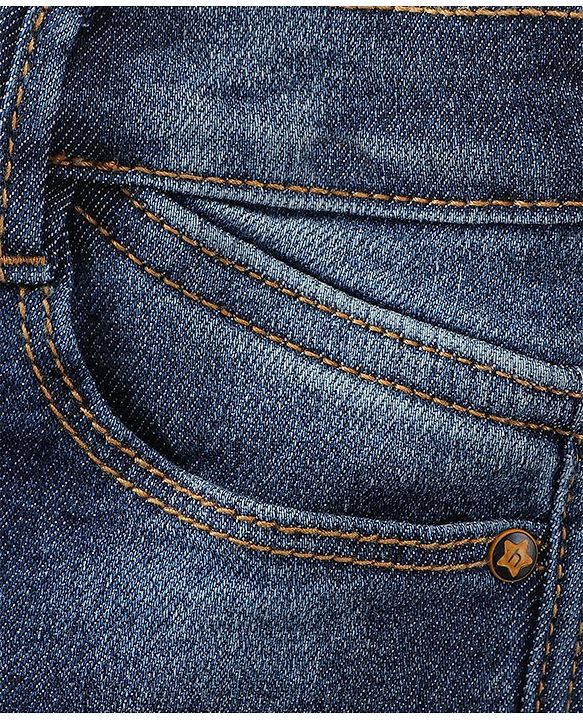 Babyhug Cotton Full Length Stretchable Washed  Denim Jeans With Mock Fly  - Blue