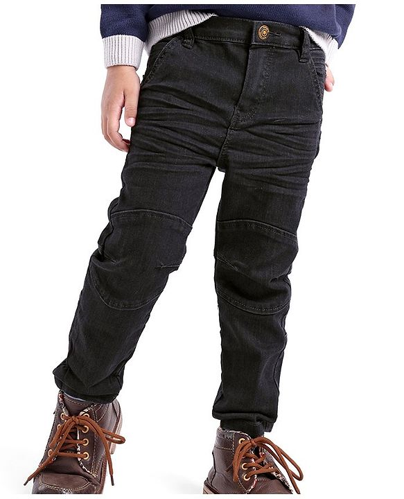 Babyhug Cotton Full Length Washed  Solid Colour Jeans with Stretch  With Mock Fly  - Black