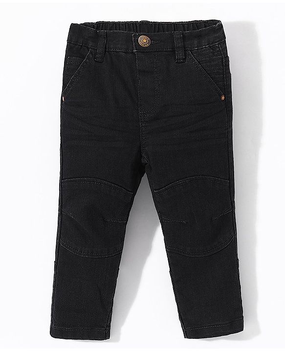 Babyhug Cotton Full Length Washed  Solid Colour Jeans with Stretch  With Mock Fly  - Black