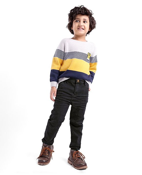 Babyhug Cotton Full Length Washed  Solid Colour Jeans with Stretch   Fly With Zipper -  Black
