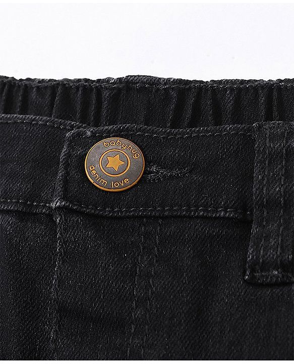 Babyhug Cotton Full Length Washed  Solid Colour Jeans with Stretch   Fly With Zipper -  Black