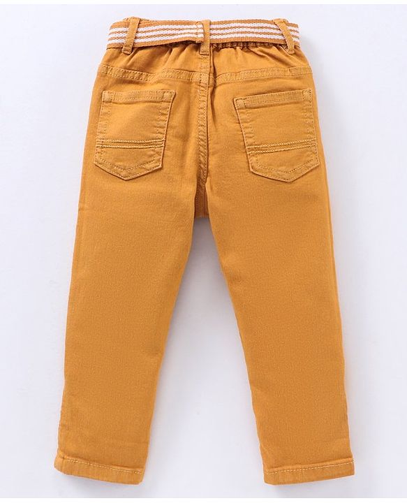 Babyhug Stretchable Full Length Washed Solid Colour Jeans With Belt  With Mock Fly  - Mustard Yellow