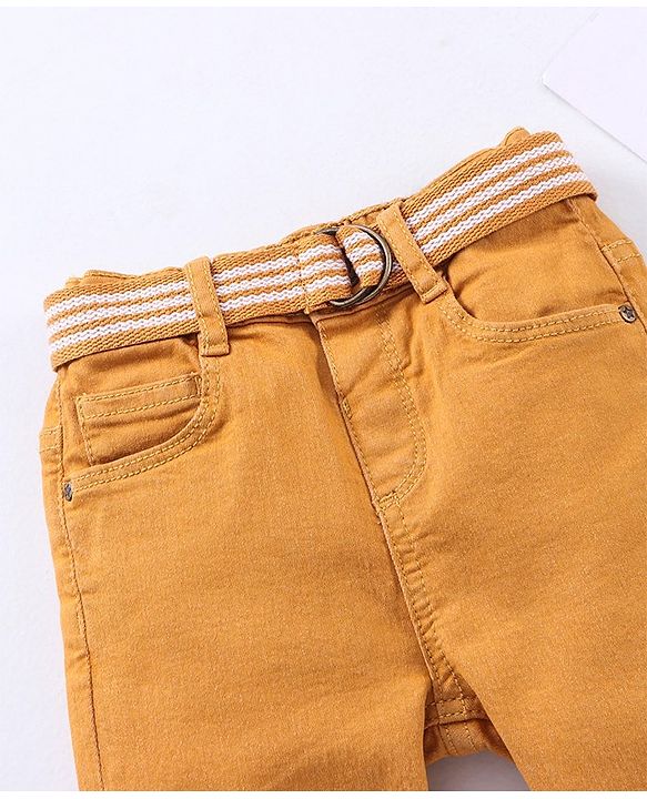 Babyhug Stretchable Full Length Washed Solid Colour Jeans With Belt  With Mock Fly  - Mustard Yellow