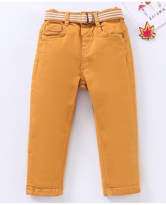 Babyhug Stretchable Full Length Washed Solid Colour Jeans With Belt   Fly With Zipper -  Mustard Yellow