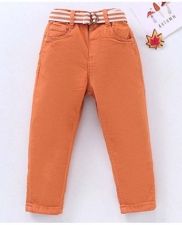 Babyhug Stretchable Full Length Washed Solid Colour Jeans With Belt  With Mock Fly  - Mustard Yellow