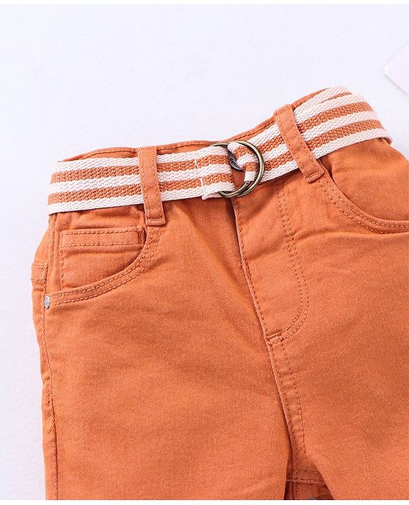 Babyhug Stretchable Full Length Washed Solid Colour Jeans With Belt  With Mock Fly  - Mustard Yellow