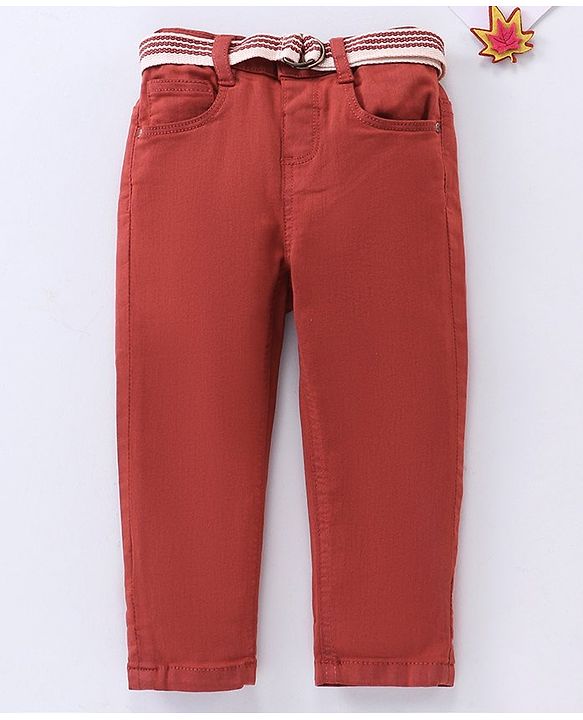 Babyhug Stretchable Full Length Washed Solid Colour Jeans With Belt  With Mock Fly  - Orange
