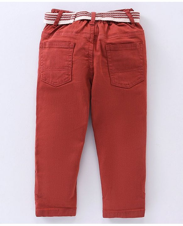 Babyhug Stretchable Full Length Washed Solid Colour Jeans With Belt  With Mock Fly  - Orange