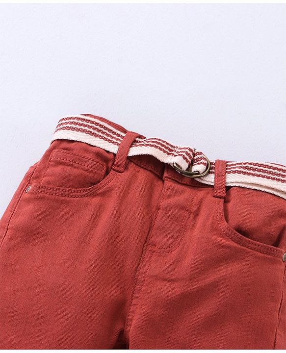 Babyhug Stretchable Full Length Washed Solid Colour Jeans With Belt  With Mock Fly  - Orange