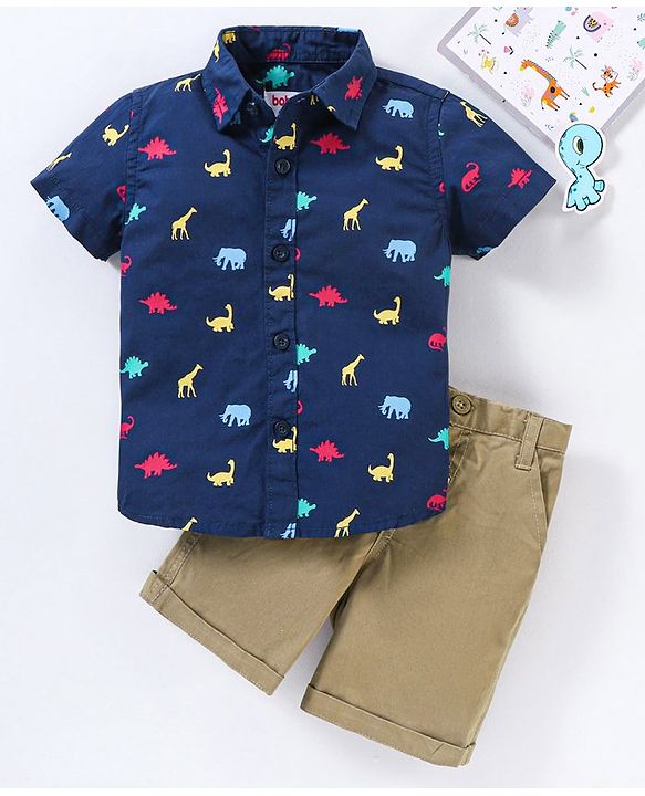 Babyhug Cotton Knit Half Sleeves Shirt And Short Set Animals Print - Navy AOP Grey