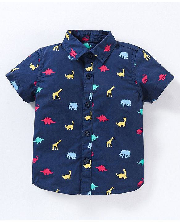 Babyhug Cotton Knit Half Sleeves Shirt And Short Set Animals Print - Navy AOP Grey