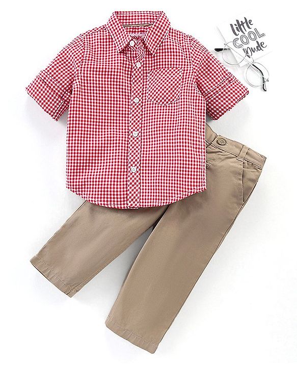 Babyhug Cotton Full Sleeves Checks Shirt & Solid Trousers - Red Brown