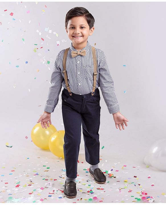 Babyhug Full Sleeves Cotton Woven to Woven Checkered Shirt & Trouser With Suspender - Blue