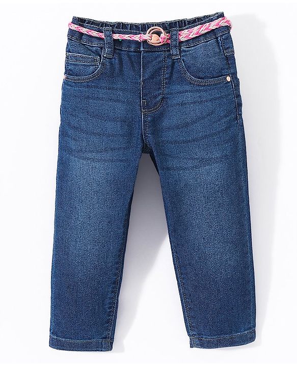 Babyhug Cotton Washed Denim Full Length Stretchable Jeans With Belt - Blue