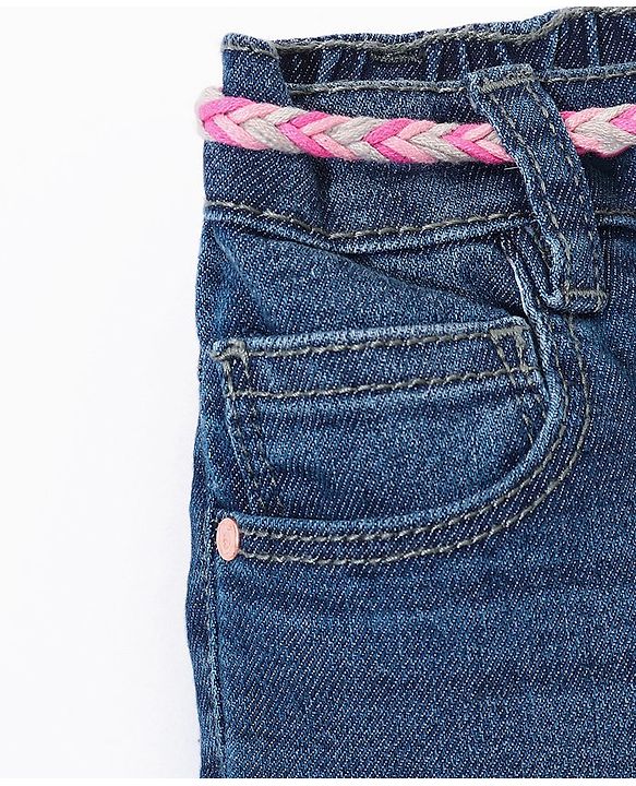 Babyhug Cotton Washed Denim Full Length Stretchable Jeans With Belt - Blue