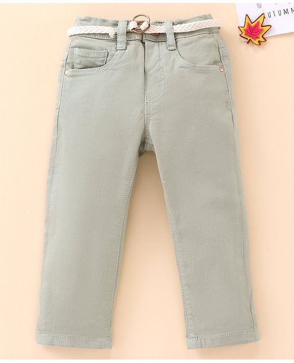 Babyhug Full Length Washed Solid Colour Jeans With Belt  Fly With Zipper - Grey