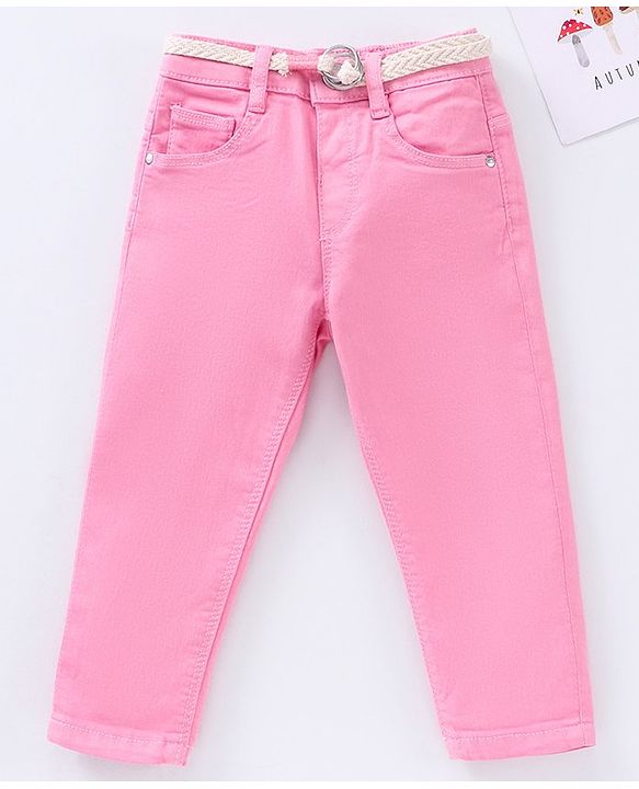 Babyhug Full Length Washed Solid Colour Jeans With Belt  With Mock Fly  - Pink