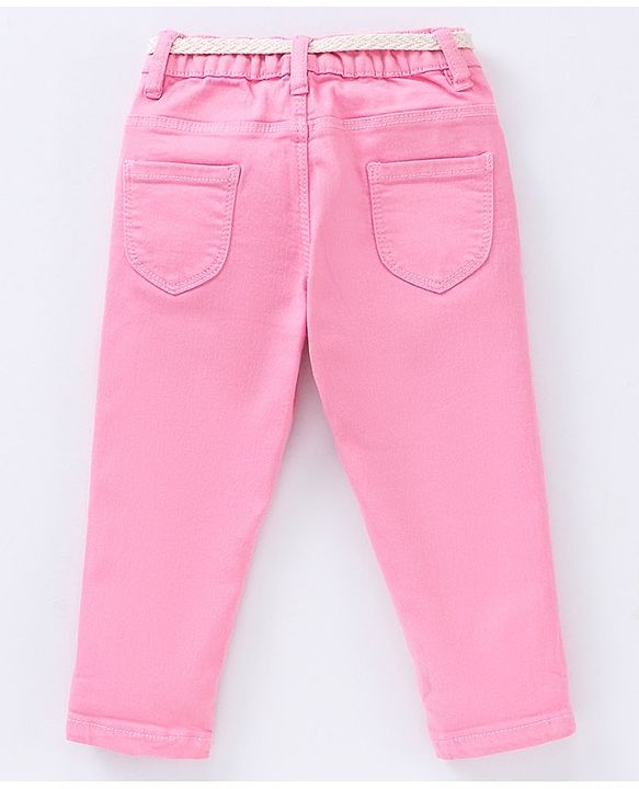 Babyhug Full Length Washed Solid Colour Jeans With Belt  With Mock Fly  - Pink