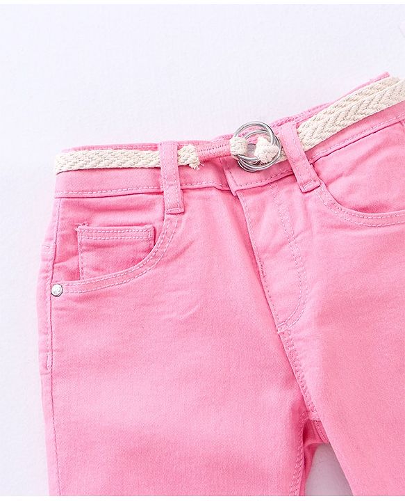 Babyhug Full Length Washed Solid Colour Jeans With Belt  With Mock Fly  - Pink
