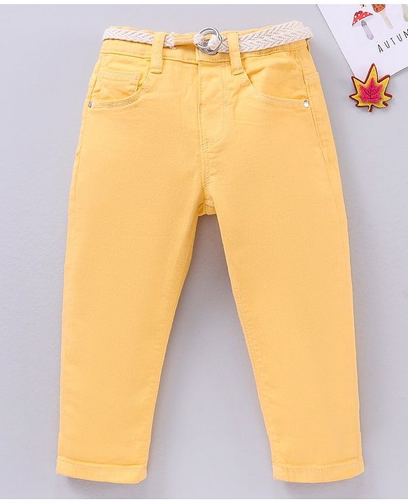 Babyhug Full Length Washed Solid Colour Jeans With Belt  With Mock Fly  - Yellow