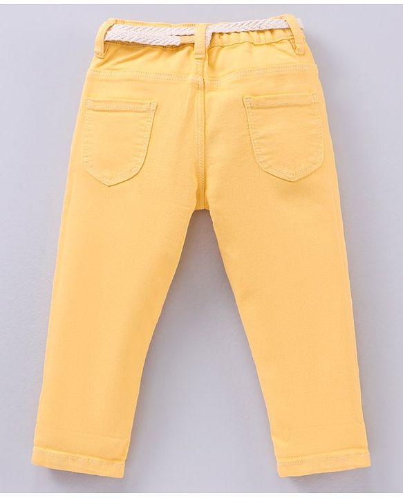 Babyhug Full Length Washed Solid Colour Jeans With Belt  With Mock Fly  - Yellow