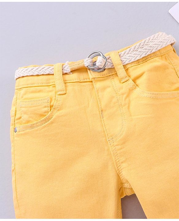 Babyhug Full Length Washed Solid Colour Jeans With Belt  With Mock Fly  - Yellow