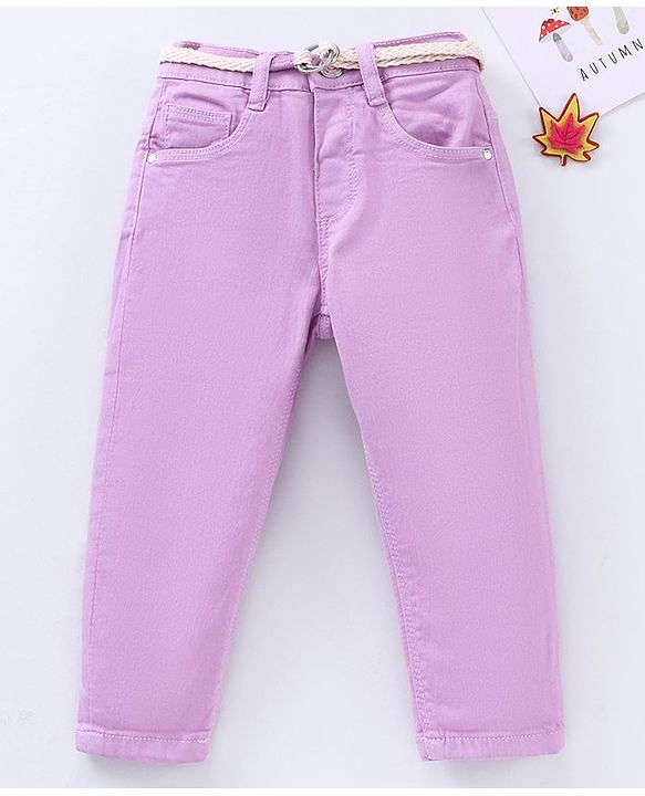 Babyhug Full Length Washed Solid Colour Jeans With Belt   Fly With Zipper -  Lavender
